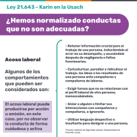 Informativo sobre acoso laboral. Arriba aparece el nombre de la Ley 21.643 - Karinen la USACH. Abajo la pregunta ¿Has normalizado conductas que no son adecuadas? Le sigue una descripción de acciones negativas sobre acoso laboral. Más abajo hay un código QR para acceder a orientación sobre clima laboral. Abajo el eslogan En la USACH nos tratamos bien