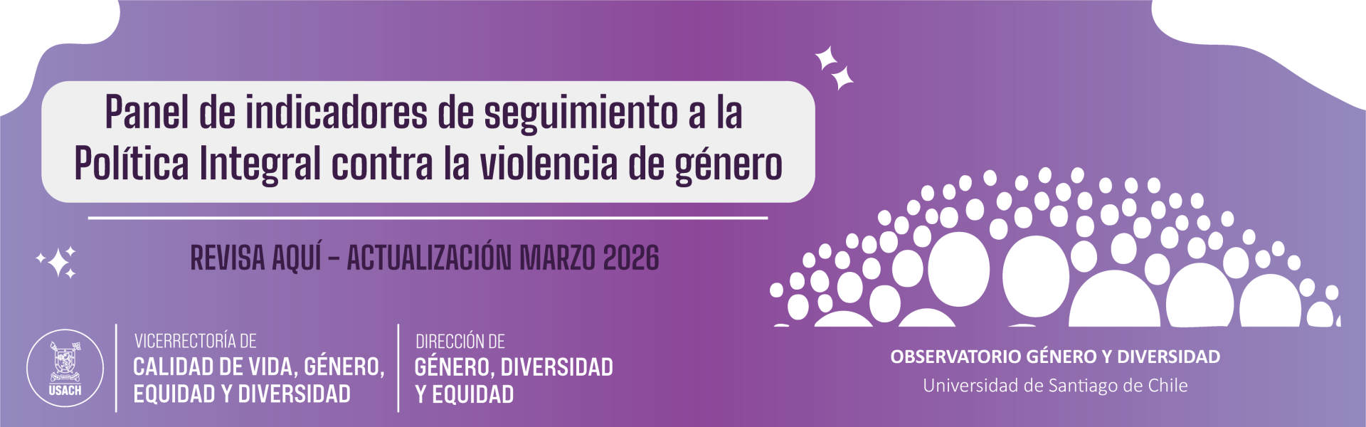 banner con fondo morado y texto que dice Panel de Indicadores de la DGDE Elaborados por el Observatorio de Género, Equidad y Diversidad