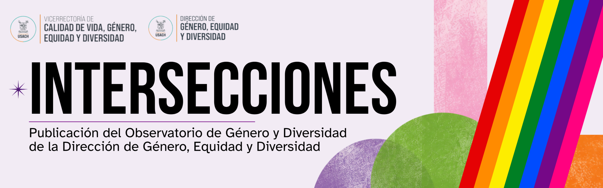 Fondo rosado con arco iris al costado izquierdo, incluye el título Intersecciones, publicación del Observatorio de Género y Diversidad